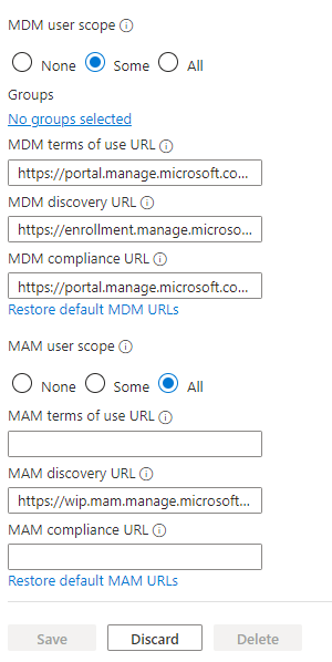 Intune MDM / MAM Settings